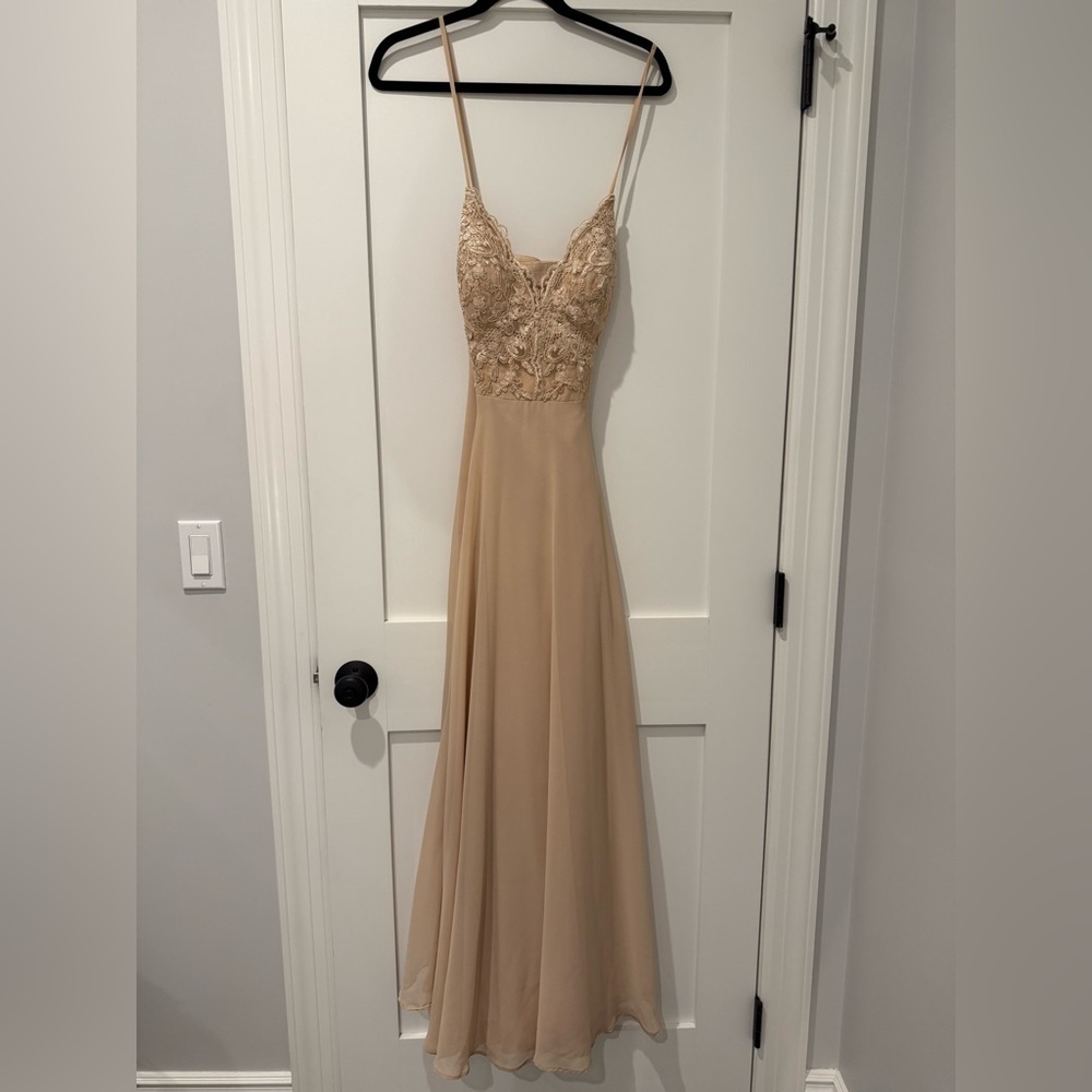 Azazie Gold Formal Bridesmaid Spaghetti Strap Lace Dress - Sz A12